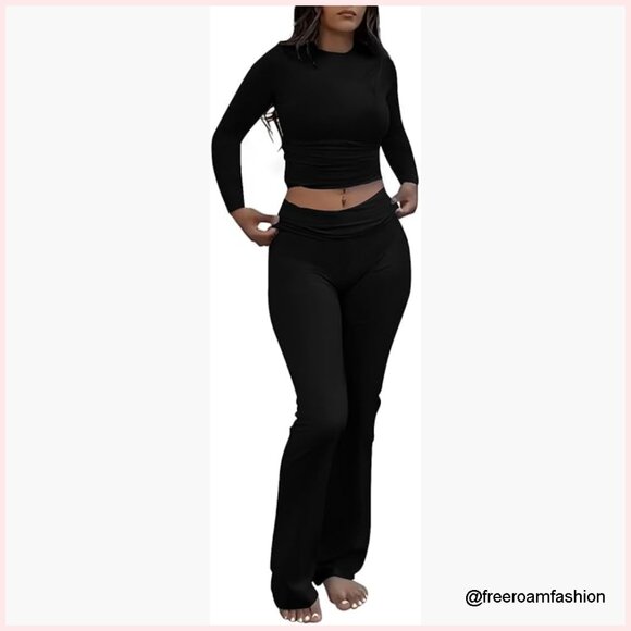 Women's Slim Fit 2-Piece Lounge Set Long Sleeve Top Foldover Flare Pants